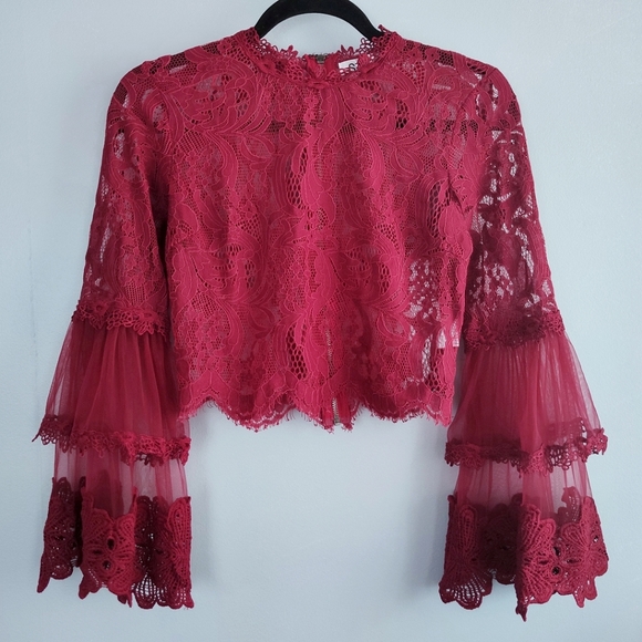 SEEK The Label Tops - SEEK The Label red lace bell sleeves crop top